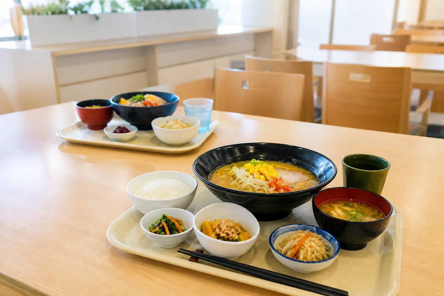 明るい社員食堂に用意された選べる昼食のイメージ